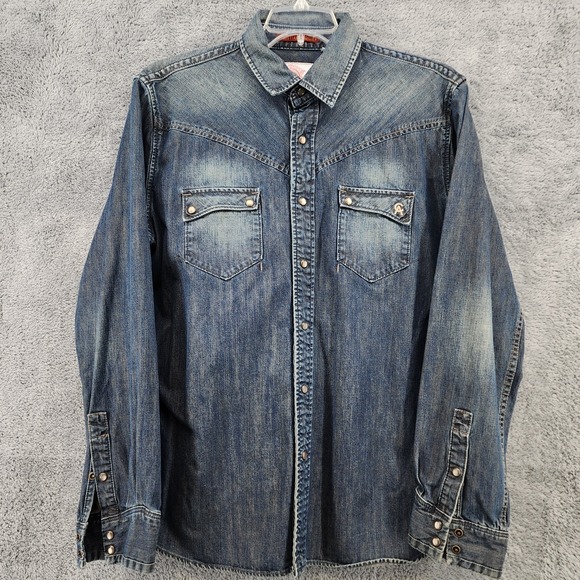 Christian Audigier Other - Christian Audigier Denim Shirt Men's XL Blue Med Wash Western Pearl Snap Pockets